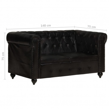 2-osobowa sofa Chesterfield, czarna, skóra naturalna