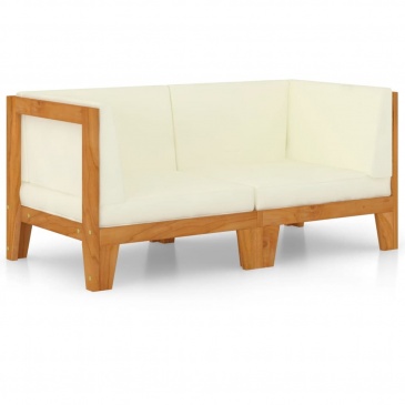 2-osobowa sofa z kremowymi poduszkami, lite drewno akacjowe