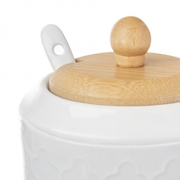 Cukierniczka porcelanowa z łyżeczką i pokrywką bambusową cukiernica pojemnik na cukier 11,5 cm