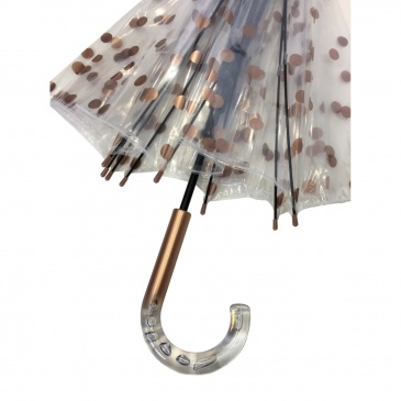 Długi parasol przezroczysty kopuła, złote grochy