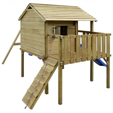 Domek dla dzieci z drabinką, zjeżdżalnią i huśtawkami, z drewna