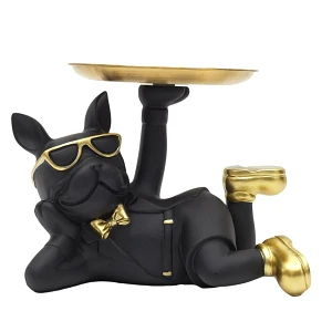 Figurka buldog leżący z tacą czarna