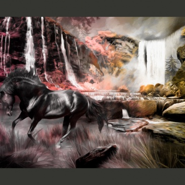 Fototapeta - Czarny koń przy wodospadzie (200x154 cm)