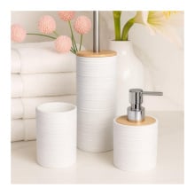 Komplet akcesoriów łazienkowych z naturalnego bambusa, biały- Szczotka do WC Dozownik i Kubek - Yoka