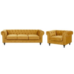 Komplet wypoczynkowy welurowy 4-osobowy żółty chesterfield