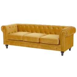 Komplet wypoczynkowy welurowy 4-osobowy żółty chesterfield