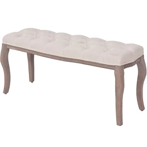 Ławka drewniana, len i lite drewno, 110x38x48 cm, kremowa Ławka drewniana, len i lite drewno, 110x38x48 cm, kremowa
