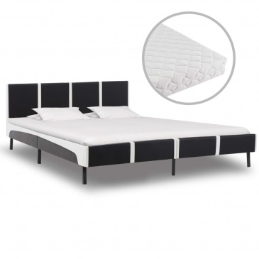 Łóżko z materacem, czarno-białe, ekoskóra, 160 x 200 cm