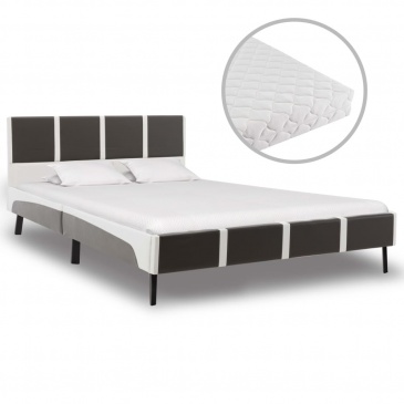 Łóżko z materacem, szaro-białe, ekoskóra, 140 x 200 cm