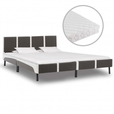 Łóżko z materacem, szaro-białe, ekoskóra, 180 x 200 cm