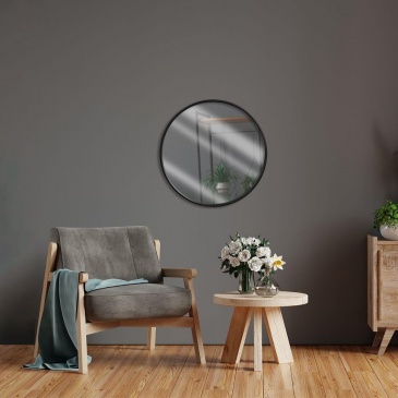 Lustro w czarnej drewnianej ramie okrągłe ścienne łazienkowe do salonu czarne 50 cm