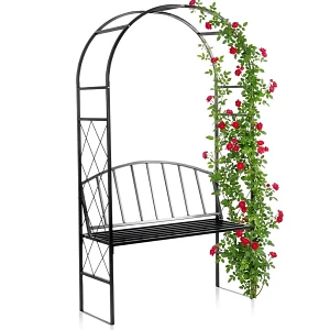 Pergola ogrodowa z ławką metalowa czarna 115x50x210 cm