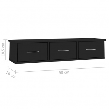 Półka ścienna z szufladami, wysoki połysk, czarna 88x26x18,5 cm
