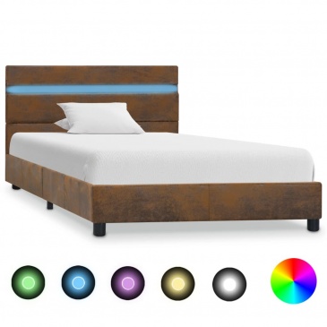 Rama łóżka z LED, brązowa, tapicerowana tkaniną, 100 x 200 cm