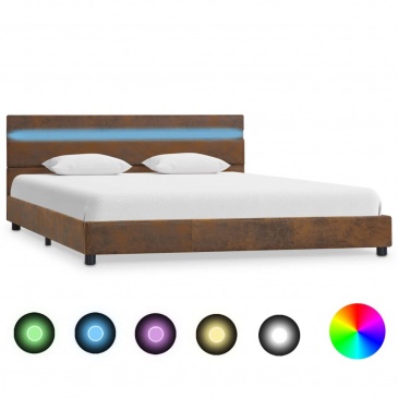 Rama łóżka z LED, brązowa, tapicerowana tkaniną, 160 x 200 cm