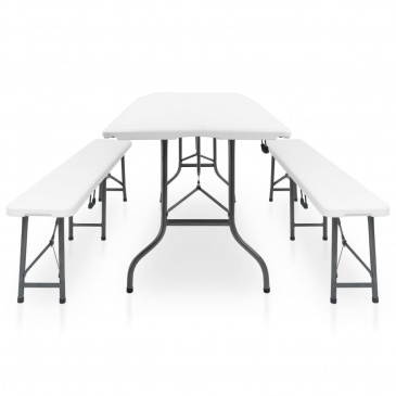 Składany stół ogrodowy z 2 ławkami, 180 cm, stal i HDPE, biały