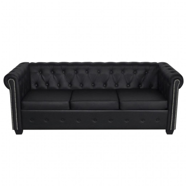 Sofa 3-osobowa w stylu Chesterfield, sztuczna skóra, czarna