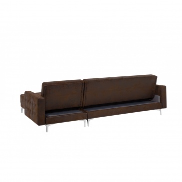 Sofa rozkładana imitacja skóry Old Style brąz lewostronna z otomaną ABERDEEN