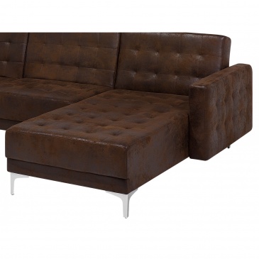Sofa rozkładana podkowa imitacja skóry Old Style brąz z otomaną ABERDEEN