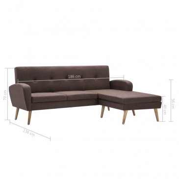 Sofa z leżanką, obita tkaniną, 186 x 136 x 79 cm, brązowa