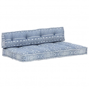 Sofa z poduszek na paletę, tkanina, indygo patchwork