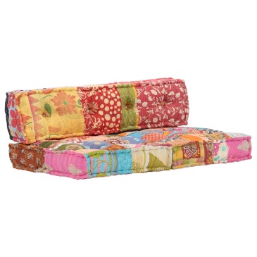 Sofa z poduszek na paletę, tkanina, wielokolorowy patchwork