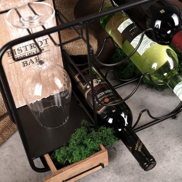 Stojak metalowy na wino czarny regał szafka półka na butelki wina kieliszki 6 butelek 35x15x31 cm
