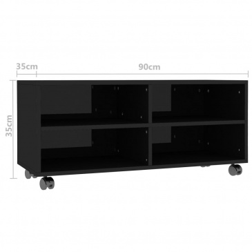 Szafka pod TV z kółkami, wysoki połysk, czarna, 90x35x35 cm
