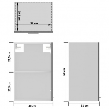 Szafka wisząca z szybą, wysoki połysk, szara 40x31x60 cm, płyta
