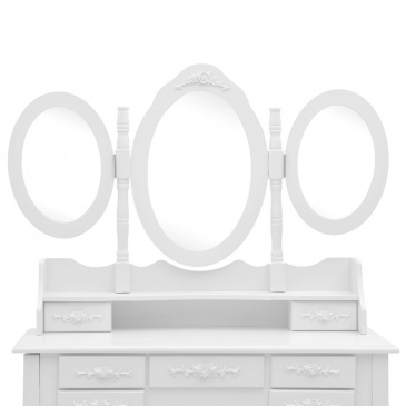 Toaletka z taboretem i 3-częściowym, składanym lustrem, biała