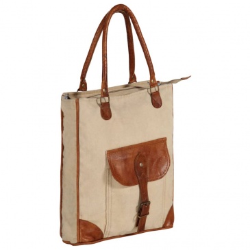 Torba shopper, beżowa, 34,5x10x57 cm, płótno i skóra naturalna