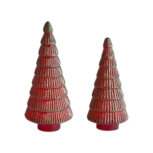 Zestaw 2 figurek dekoracyjnych PURUVESI Choinka 31/36 cm Czerwony/ zielony