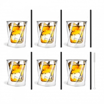 Zestaw 6 szklanek do whisky 300ml i 6 słomek szklanych 20 cm czarnych 7350