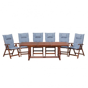 Zestaw ogrodowy drewniany stół i 6 krzeseł z niebieskimi poduszkami TOSCANA