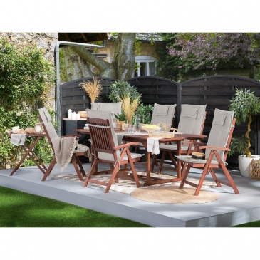 Zestaw ogrodowy drewniany stół i 6 krzeseł z poduszkami szarobeżowymi TOSCANA