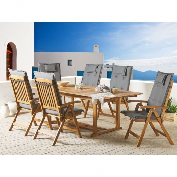 Zestaw ogrodowy drewniany stół i 6 krzeseł z poduszkami grafitowymi JAVA