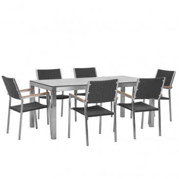 Zestaw ogrodowy stół HPL z marmurowym wykończeniem i 6 krzeseł rattanowych czarnych GROSSETO